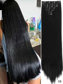 7pcs Of Women's Synthetic Hair Patches Long Straight Hair Clips Deep Black Double-Layer Weaving 16 Clips Per Piece Breathable And Comfortable Hair Accessories - Multicolor - View 13