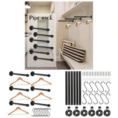 6 Pcs Industrial Pipe Clothes Bar 12 Inch Rustic Black Iron Pipe Clothing Rack Wall Mounted Garment Rack Holder Hanging Closet Rods Bedroom Bathroom Boutique