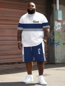 加大码男士街头风三色横条纹拼接短袖T恤（印有“King”字样）+配套休闲短裤两件套，宽松版型，独特高端撞色设计，适合夏季日常休闲穿着 - 藍色 - 查看 1