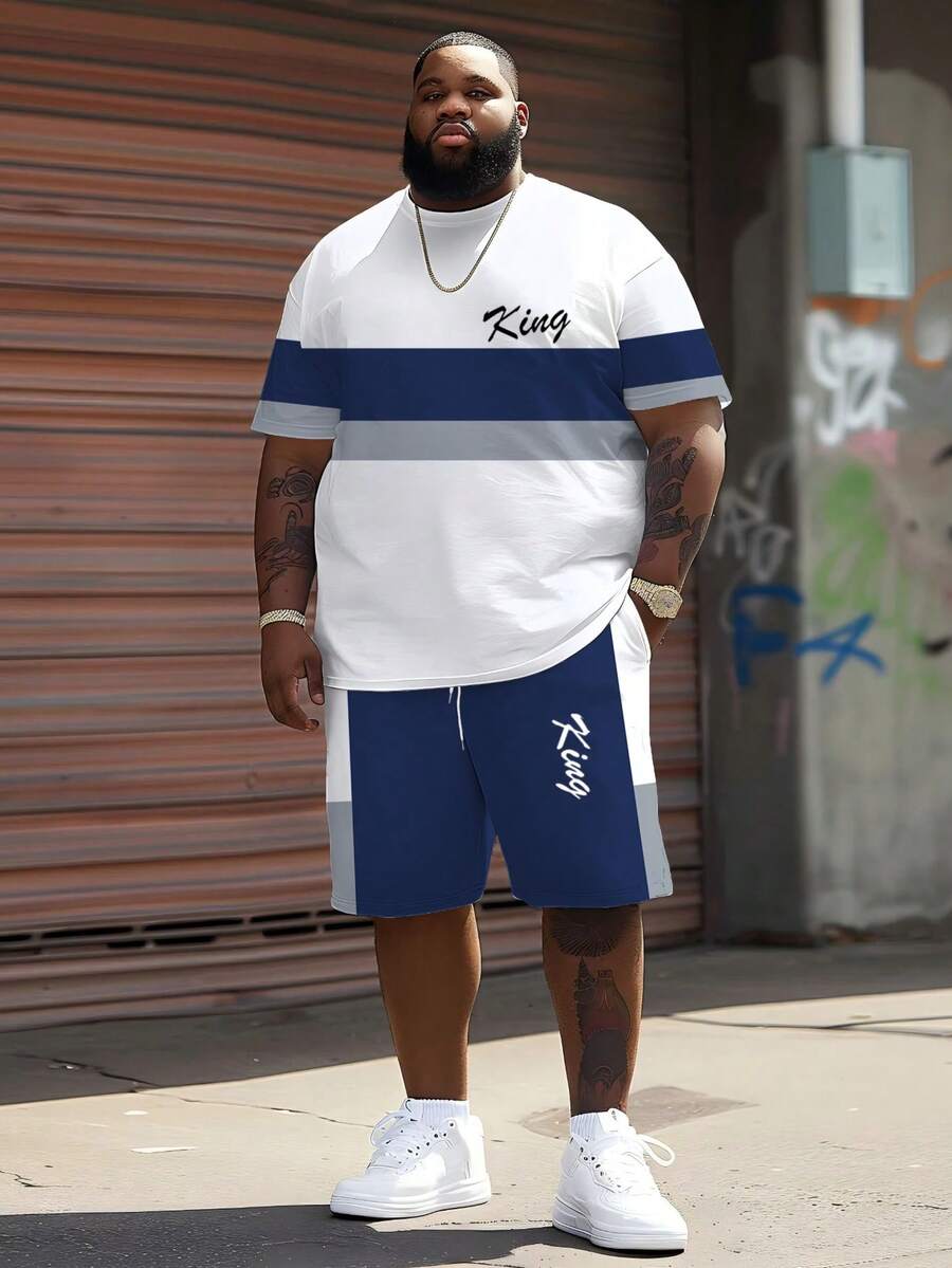 加大码男士街头风三色横条纹拼接短袖T恤（印有“King”字样）+配套休闲短裤两件套，宽松版型，独特高端撞色设计，适合夏季日常休闲穿着 - 藍色 - 查看 1