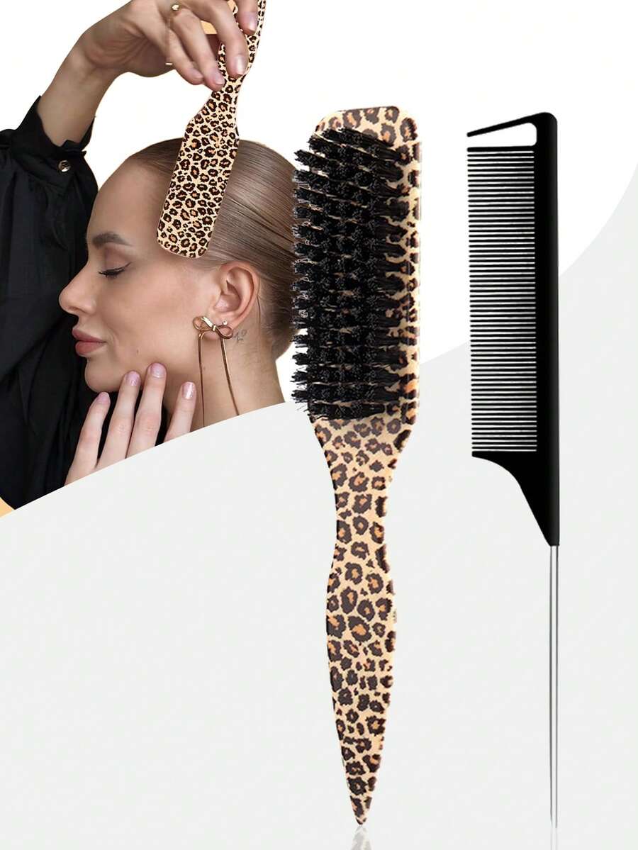 Bộ tạo kiểu tóc họa tiết da báo 2 món – Bàn chải vuốt tóc ngược với lông heo rừng + Lược đuôi nhọn – Dụng cụ tạo kiểu tóc chuyên nghiệp để giữ nếp tóc viền trán, đánh rối và tạo kiểu đường chân tóc. - Nhiều màu - Xem 1