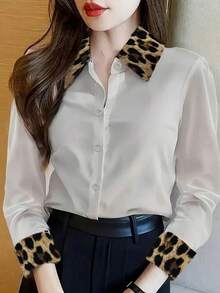 Damen elegante Leopard Muster Kragen Weiße Bluse - Langarm Knopfleiste Top, klassisches spitzer Kragen Design, maschinenwaschbarer undurchsichtiger Stoff, Frühling/Herbst Büro & Lässig Tragen, modischer & raffinierter Stil, hochwertige Verarbeitung, & vielseitiges Top