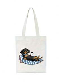 1pc Spacious Canvas Handbag With Cute Sausage Dog, Cute Puppy Print - Reusable Grocery Bag, Durable Shoulder Strap, Perfect For Shopping And Gifts, Women's Large Capacity Beach Shoulder Bag, Perfect Gift For Grocery Store Shopping And Daily Use, Suitable For Travel, School And Daily Commuting, The Best Gift For Dog Lovers