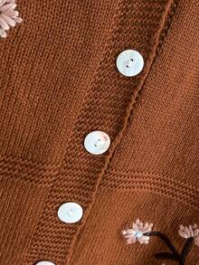 V-Neck Contrast Color Floral Embroidery Single-Breasted Casual Knit Vest, Spring/Summer - Orange-brown - View 5