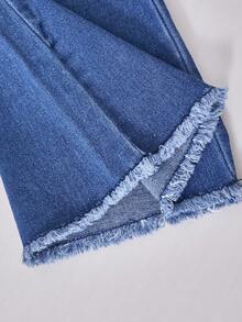 女童前口袋破洞裤脚牛仔裤，休闲Y2K复古喇叭弹力牛仔裤，适合日常穿着 - 藍色 - 查看 9