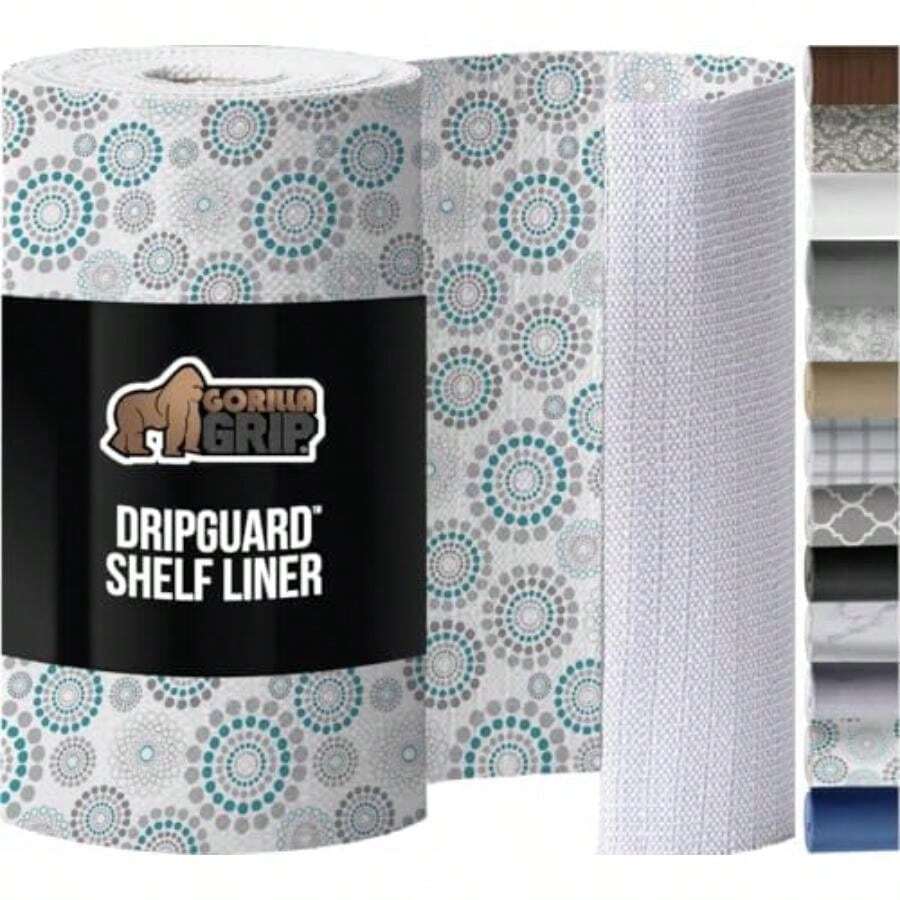 Gorilla Grip Slip Resistant Drawer and Shelf Liner, Non Adhesive Water Resistant, Easy Clean and Trim, Smooth Surface Liners for Kitchen Cabinet, Shelves, Drawers, Pantry, 12 IN x 10 FT,(30An x 610L cm Spiral Gray Turquoise White) - Multicolor - Ver 1