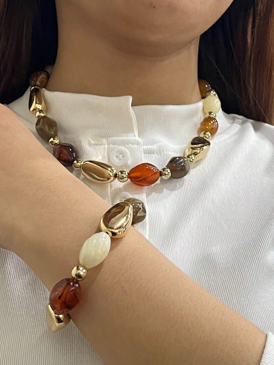 Bộ 2 chiếc/Bộ vòng cổ và vòng tay hạt nhựa phóng đại phong cách Boho cổ điển, phù hợp cho nữ