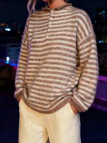 Women Knit Sweater Long Sleeve Button Closure Solid/Stripes Pullover Warm Sweater For Spring Fall - Khaki - View 2