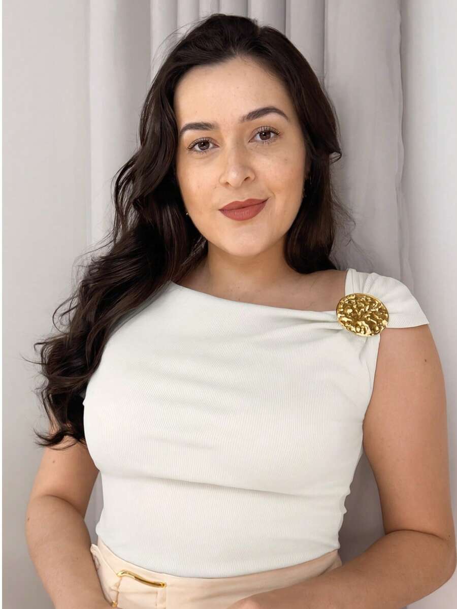 Women's Asymmetrical Blouse With Gold Buckle, Ribbed Knit, Elegant , Casual, Summer, Christmas - trắng - Xem 1