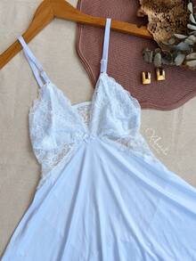 Sexy Lace Nightgown With Backless Detail, Ruffled Train, Slit, No Padding, Sleep Dress, Lingerie, Nightwear Line - White - View 4