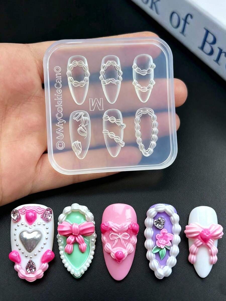 1 pieza Molde de uñas con volantes de crema francesa, molde de silicona 3D adecuado para manualidades de resina, diseño de lazo a rayas de encaje de crema de pastel gótico DIY, herramienta de eliminación de uñas fresca y pequeña - Multicolor - Ver 1