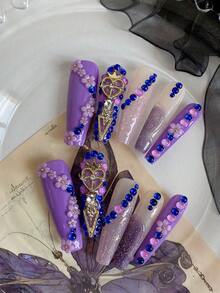 10pcs Reusable Press-On Nails, Suitable For All Seasons, Purple & Pink Contrast Design, Rhinestone Crown Decor, Luxurious & Exquisite, Vibrant Yet Elegant, Suitable For Weddings, Performances, Parties, Includes 1pc Jelly Gel And 1pc Friction Strip. Mother's Day, Graduation, Vacation Gift. Excellent Gift For Women & Girls, DIY Manicure Set With Full Nail Tools, Handmade Nail Decoration - Multicolor - View 5