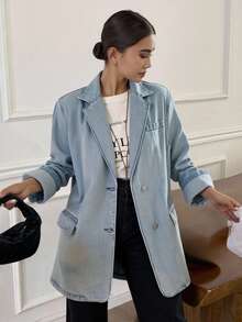 Livesso 女士牛仔夹克牛仔西装外套，秋季服装 - 淺色水洗藍 - 查看 1