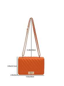 Bolso de hombro mini con estampado en relieve de unicolor PU, bolso cruzado de transporte urbano, bolso cuadrado pequeño minimalista de mujer con cadena - Naranja - Ver 3