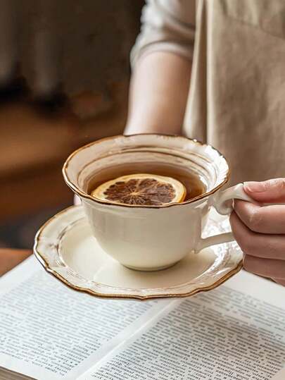 1 Set Vintage Ceramic Coffee Cup & Saucer, Japanese Kiln-Fired Ceramic Cup & Saucer Set, Retro Cup & Saucer, Afternoon Tea Cup, Breakfast Milk Cup, Water Cup, High-Aesthetic Office Water Cup, Coffee Cup & Saucer, 8-Inch Serving Plate, Food Tray, Dessert & Cake Plate, Ceramic Cup & Saucer Set As Gift