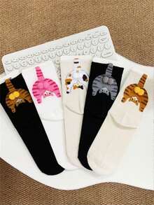 5 pares de calcetines de tripulación con patrón de gato 3D para mujeres, calcetines con cola de dibujos animados 3D lindos, calcetines de algodón versátiles y transpirables para estudiantes, para uso en las cuatro estaciones - Multicolor - Ver 7