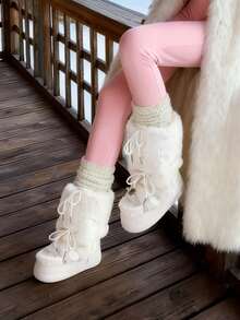 Women's Platform Fur Snow Boots Y2K Fuzzy Fluffy Furry Winter Comfy Ankle Boots For Women Round Toe Platform Lace-Up Fur Boots For Winter Daily Life And Halloween Party - 白色 - 查看 2