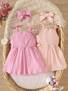 4pcs/Set Baby Girls' Solid Ribbed Casual Cute Bodysuit Dress + Bow Headband Set, Summer - Pink - View 2