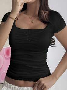 女士 T 恤 Y2K 性感年轻热修身年轻休闲蕾丝下摆短袖上衣 - 黑色 - 查看 1