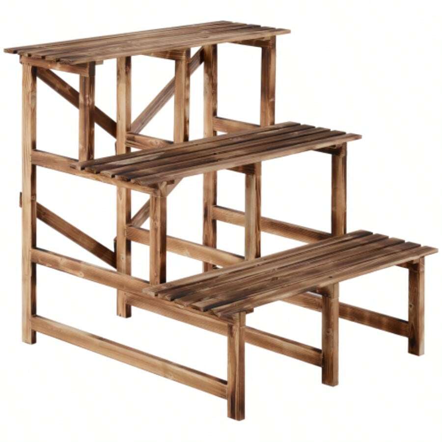 Outsunny 3-Tier Plant Shelf Made Of Fir Wood, 80 X 80 X 78 Cm, For Garden, Balcony And Terrace. - Camel - View 1