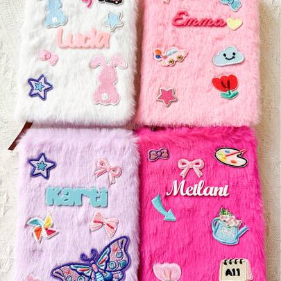 Customized Name Plush Notebook, Personalized Embroidered Patch Notebook, Suitable As Party Gift For Girls, Teenagers, Children's Notebook, Diary Gift, Gift For Daughter ,Travel Organizer