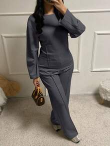 女士两件套，深灰色圆领长袖上衣搭配收腰中长运动裤，优雅女士休闲装 - 深灰色 - 查看 7