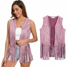 - Chaleco con flecos para mujer de los aos 60 y 70 aos, chaleco hippie, sin mangas, vaquera, de gamuza sinttica, con borlas, chamarra de piel para de Halloween - Rosado + M - Ver 1
