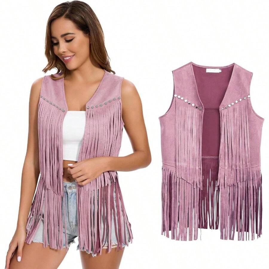 - Chaleco con flecos para mujer de los aos 60 y 70 aos, chaleco hippie, sin mangas, vaquera, de gamuza sinttica, con borlas, chamarra de piel para de Halloween - Rosado + M - Ver 1