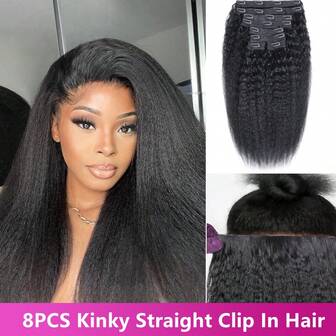 Kinky Straight Clip In Hair Extensions Real Human Hair 16 Inch 8Pcs 110g Double Weft Kinky Curly Clip Ins Full Head Unprocessed Brazilian Virgin Hair Extensions For Women Natural Black