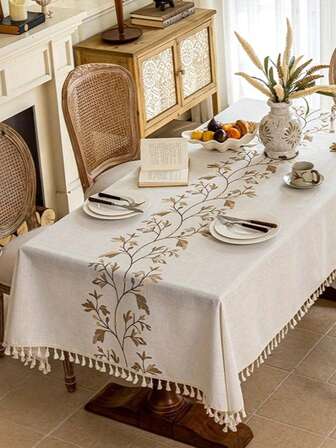 1pc Coffee Color Branch Embroidery Tablecloth, Rustic Vintage Style For Kitchen Decor, Rectangular Dining Table, Coffee Table, TV Cabinet Cover, Suitable For Dining Room, Living Room, Restaurants, Parties, Weddings, All Seasons