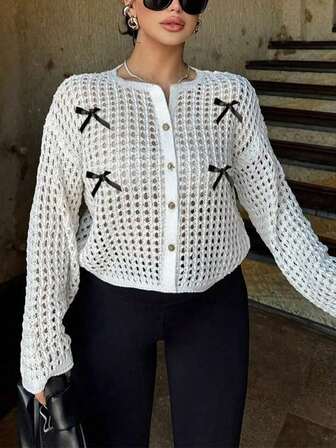 优雅镂空蝴蝶结前襟纽扣圆领宽松开衫毛衣外套，新款秋季系列，女士毛衣