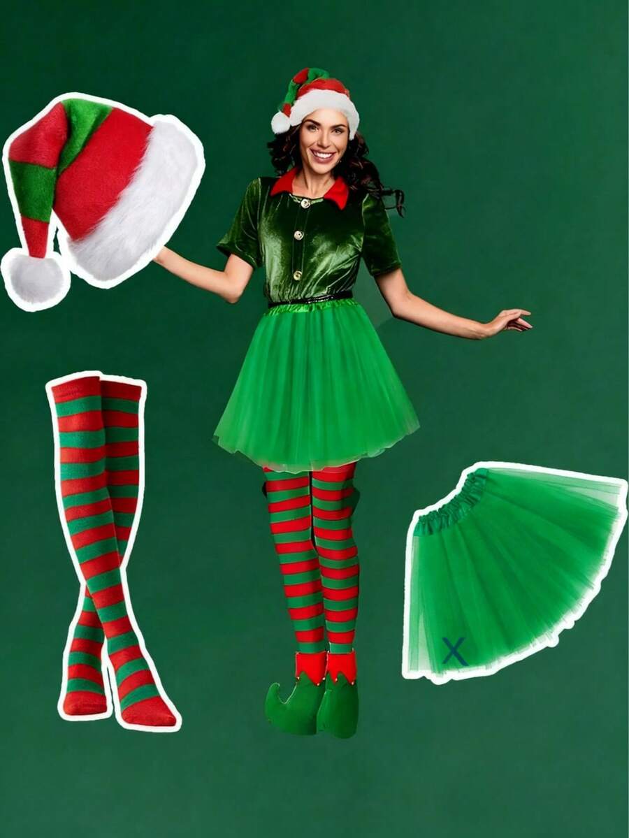 3 قطع مجموعة زي سانتا كلوز للنساء، تشمل قبعة سانتا كلوز، تنورة توتو البالية، وبنطلون مخطط، مناسب لحفلات الكوسبلاي للسيدات في عيد الميلاد