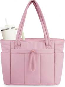 Puffer Tote Bag For Women, Multi-Pocket Lightweight Bag For Work Lightweight Puffy Handbag With Compartments, Quilted Shoulder Bag For  Travel, Gym - 粉色 - 查看 9