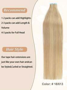 Extensiones de cabello humano con cinta adhesiva 18P613 20 piezas, extensiones de cabello con cinta adhesiva invisible de doble cara, extensiones de cabello humano recto Remy sin costuras - S18/613 - Ver 4