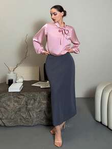 DAZY 女士休闲蝴蝶结长袖优雅韩版衬衫，秋季服装 - 粉色 - 查看 3