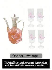 1pc Pink Butterfly Glass Tea Set, Dreamy Butterfly Red Tea Cup & Teapot Set, Exquisite Glass Butterfly Teapot & Teacup, Suitable For Home & Guest Tea Drinking