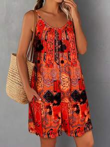 Women's Sleeveless All-Over Print Jumpsuit, Suitable For Summer Vacation - Orange - View 7