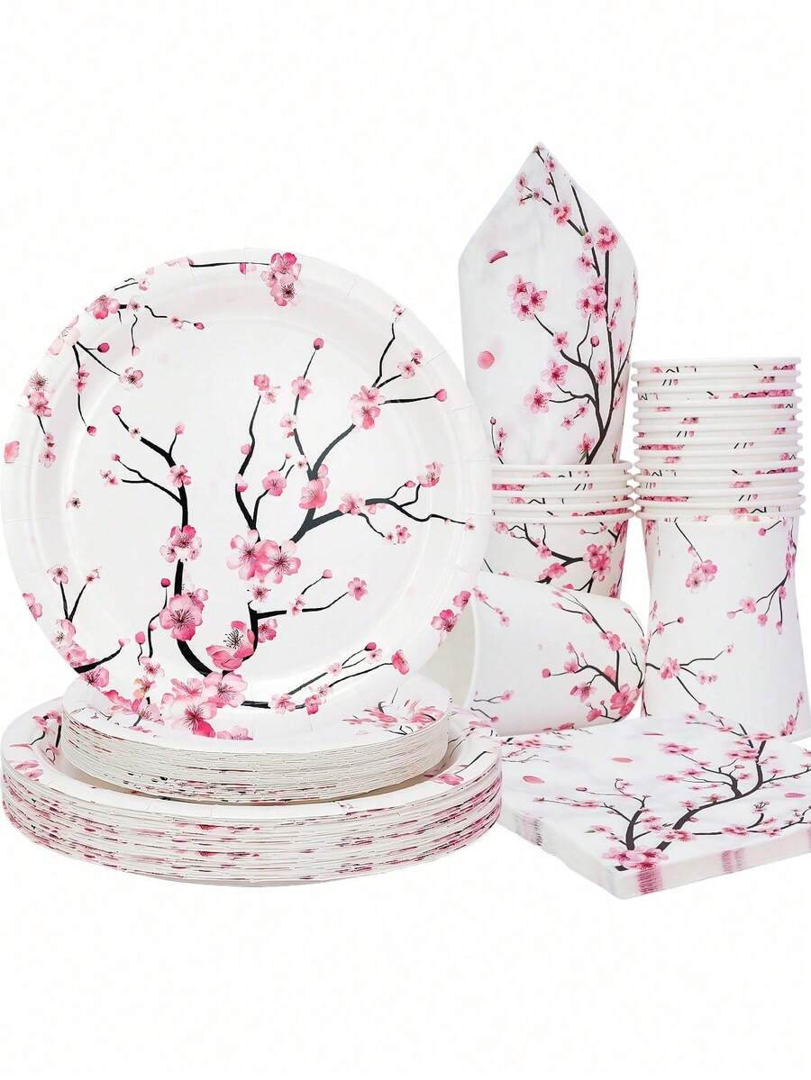 10pcs/20pcs/50pcs/80pcs Set Cherry Blossom Party Supplies, Including Plates, Cups, Napkins, Spring Floral Tabletop Decor, Suitable For Birthday, Bridal Shower - Multicolor - View 1