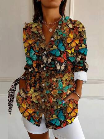 Women's Long Sleeve Blouse Fashion Floral Print Spring Summer New Arrival Casual Loose Fit Tops Comfy Relaxed Shirt Flowy Chic Streetwear Style