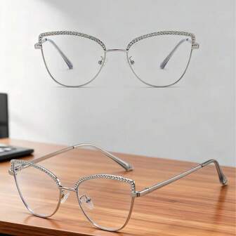 1 par de gafas de mujer con montura de metal de ojo de gato multicolor, con cristales de diamante, de estilo vintage minimalista, con patas flexibles, para uso casual diario y moda