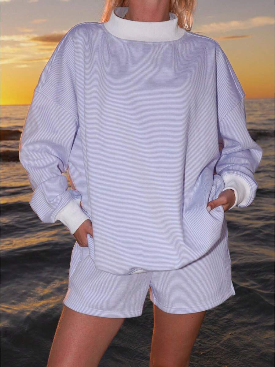 Womens Striped Sweat Set Casual Loose Fit Stylish Crew Neck Long Sleeve Tops And Shorts 2 Pcs Set - Purple - View 1