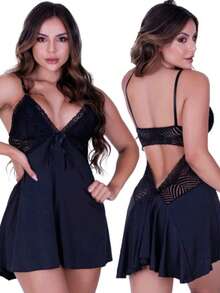 Sexy Lace Nightgown With Backless Detail, Ruffled Train, Slit, No Padding, Sleep Dress, Lingerie, Nightwear Line - 黑色 - 查看 4