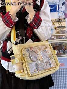 Kawaii Japanese School Crossbody Bags Basic Style Solid Color Clear Transparent New Simple Girls Shoulder Bag Preppy College Student Handbags With Badges Display Plate Small Side Pocket Can Put 10cm Dolls DIY Ita Bag JK Back To School Gifts Concert Anime Fans Bags Women - 黃色 - 查看 2