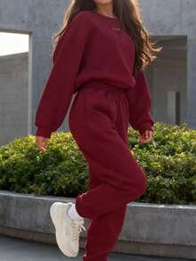 Women's Solid Color Sports Sweatshirt Set - Casual Long-Sleeved Pullover And Jogger Pants Two-Piece Sportswear - 紅色 - 查看 2
