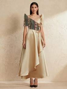 Amyenjoylife Modernes Filipiniana Kleid Elegant, Schmetterlingsärmel Filipiniana, Damen Elegantes Temperament Patchwork Ballonärmel Kurzarm Kleid, Champagner Kleid - Champagnerfarben - Übersicht 4