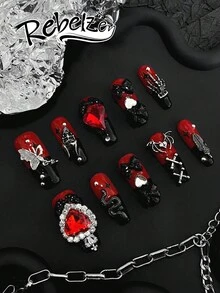 10片手工压制棺材形美甲贴片，精美假指甲，DIY美甲，红黑撞色搭配水钻镶嵌，饰以心形、蝴蝶和蛇形图案，甜美又不失个性，适合女孩和女士在婚礼、派对、节日等场合佩戴，可作为美甲套装或美甲用品赠送。 - 彩色 - 查看 3