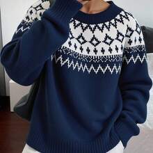 Livesso Oversized Damen Pullover mit Fair Isle Muster, Vintage Stil, für Herbst/Winter - marineblau - Übersicht 7
