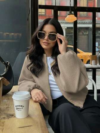 GMFP 女士秋季长袖柔软面料拉链式飞行员夹克卡其色羊毛圣诞外套