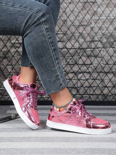 Damsneakers med glänsande rosa paljetter, enfärgade, lätta, lämpliga för alla årstider, ovandel i PU-läder, gummisula, inget tryck, tygfoder, EVA-innersula, unisex vida skateboardskor, bekväma att bära