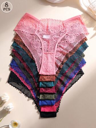 8条装性感蕾丝拼接低腰无痕比基尼内裤 - 透气柔软女士日常穿着及运动瑜伽无痕内裤